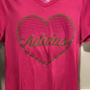 Pink Adidas short sleeved t-shirt. In size large (also sized as 14 in girls)